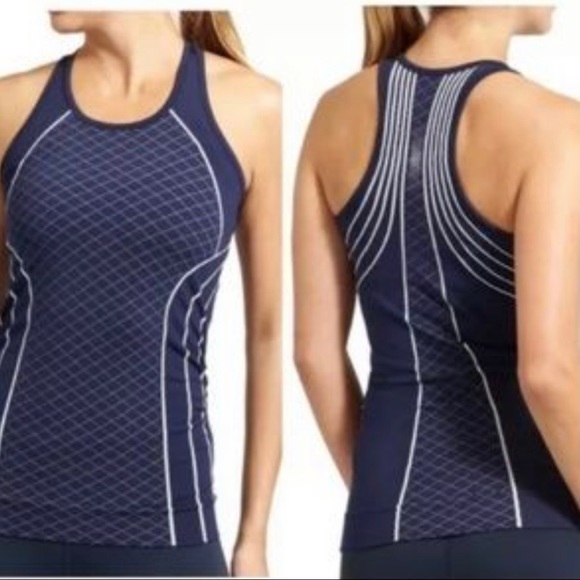 ATHLETA Women’s Blue FINISH FAST LINE Tank Top Seamless Reflective Ruched Size L